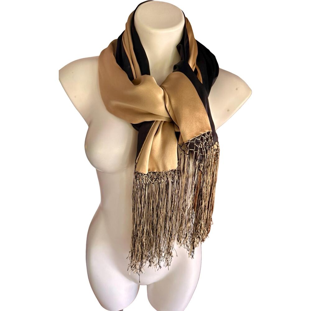 Vintage 1930s Reversible Silk Charmeuse Scarf Wrap Gold Black 21x88 - Picture 2 of 15